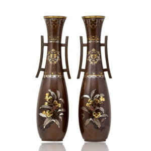Front overview of the Japanese Meiji Period Bronze Vase Pair