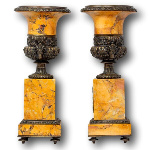 Side profile of the French Sienna Marble & Bronze Tazza Urns