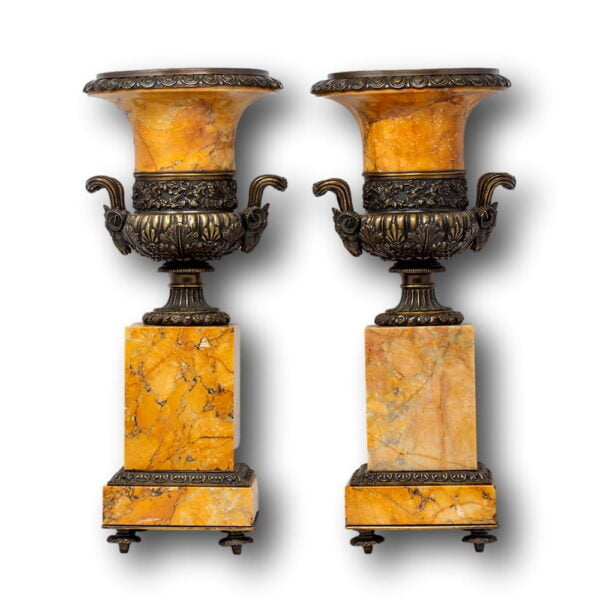 Rear profile of the French Sienna Marble & Bronze Tazza Urns