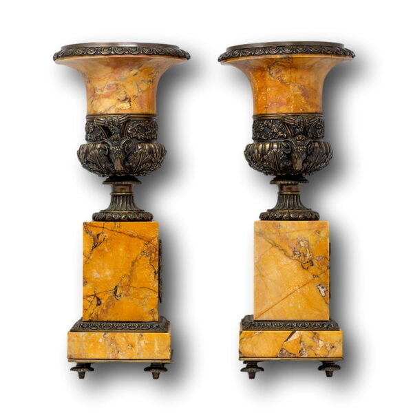 Side profile of the French Sienna Marble & Bronze Tazza Urns