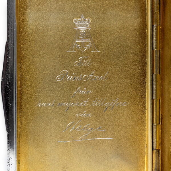 Close up of the inscription of the Prince Axel Cigarette Case