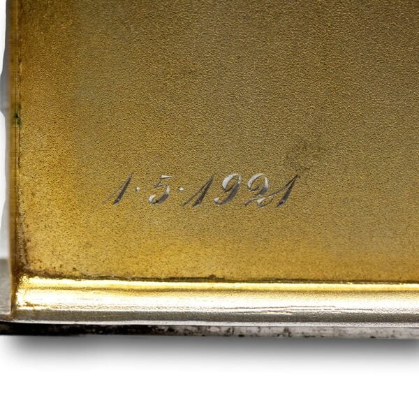 Close up of the inscription date on the Prince Axel Cigarette Case