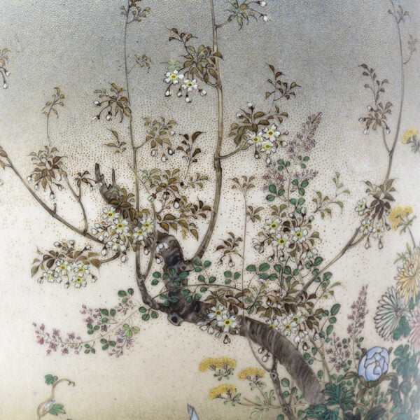 Close up of the scenes on the Japanese Meiji Period Satsuma vase by kinkozan