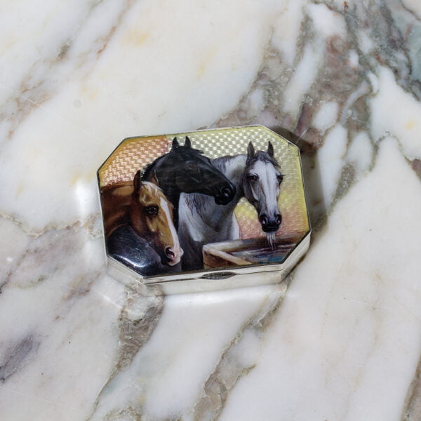 Austrian Horses Silver Gilt Snuff Box on a decorative surface