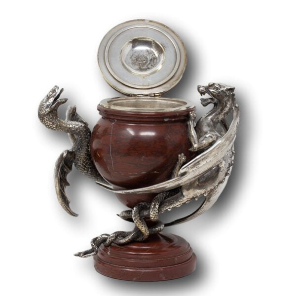 Vice of the French Rouge Marble Urn by Thiébaut Freres with the lid open