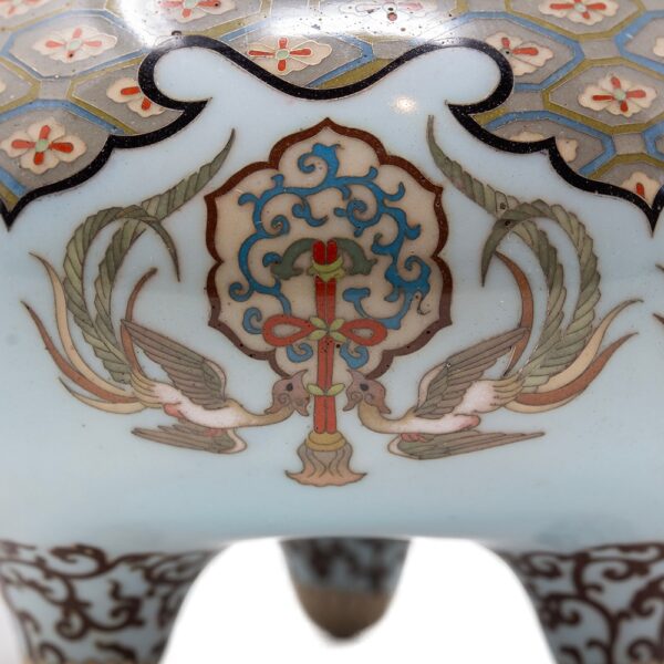 Close up of the cloisonne twin ho-o bird decoration with central panel