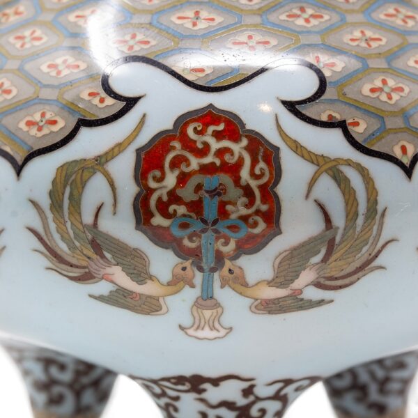 Close up of the cloisonne twin ho-o bird decoration with central panel