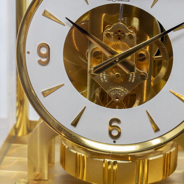 Close up of the mid century modern Jaeger-LeCoultre Atmos Clock circa 1970 front glass with minor scratching