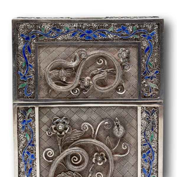 Close up of the decoration on the Chinese Silver & Enamel Card Case