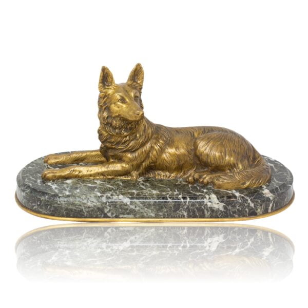 Overview of the French Bronze Ormolu Dog on a marble plinth