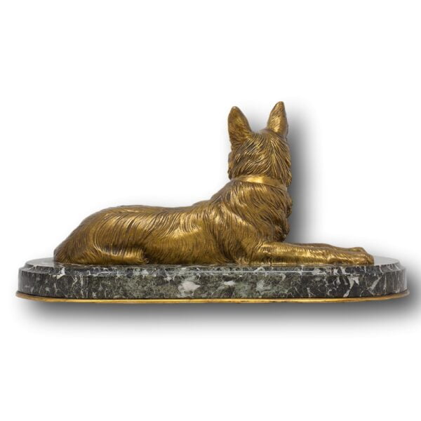 Rear of the French Bronze Ormolu Dog on a marble plinth