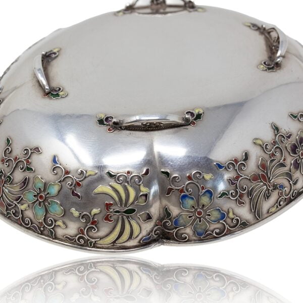 Close up of the base and foot Japanese silver and enamel box