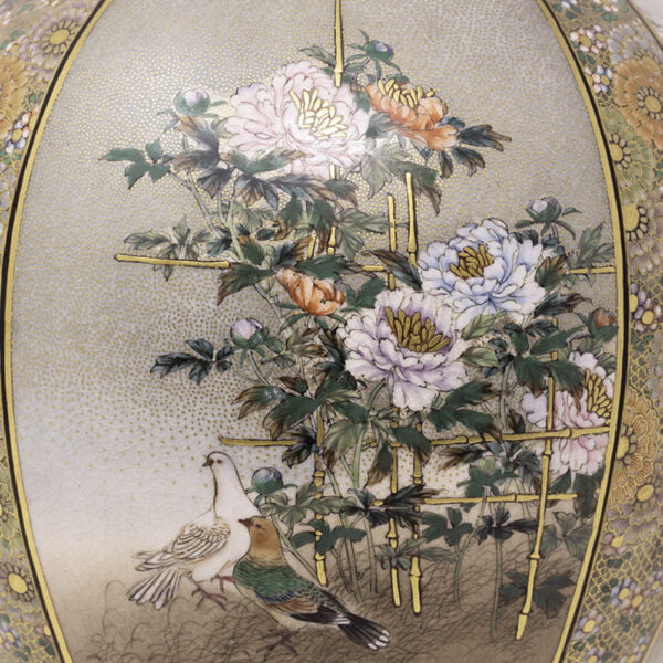 Close up of the blossoming chrysanthemums and pigeons to one scene