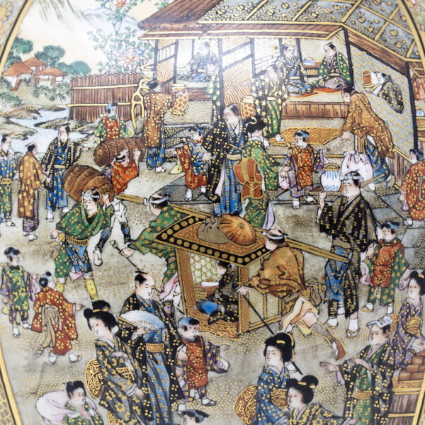 Close up of the market town scene with the palanquin