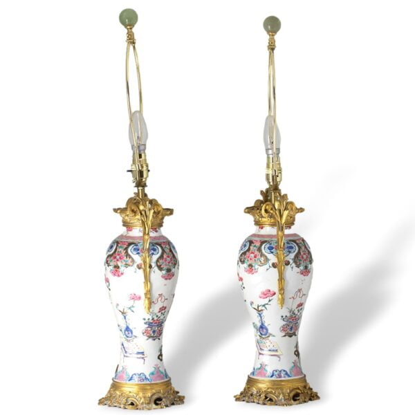 Side overview of the 18th century porcelain lamps with ormolu mounts