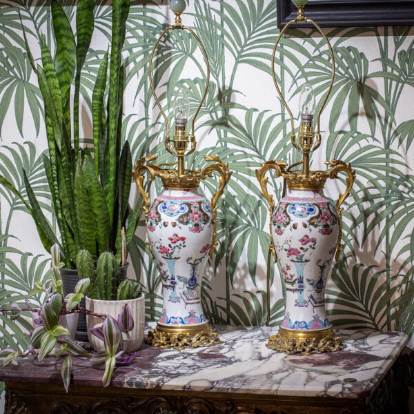 Overview of the 18th century porcelain vases with ormolu mounts in a decorative setting