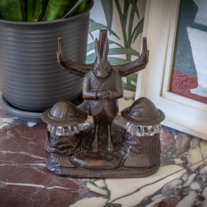 Black Forest Carved Rabbit Inkwell and Pen Tray in a decorative setting