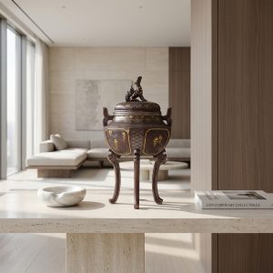 Japanese bronze koro by nogawa in a contemporary lifestyle interior